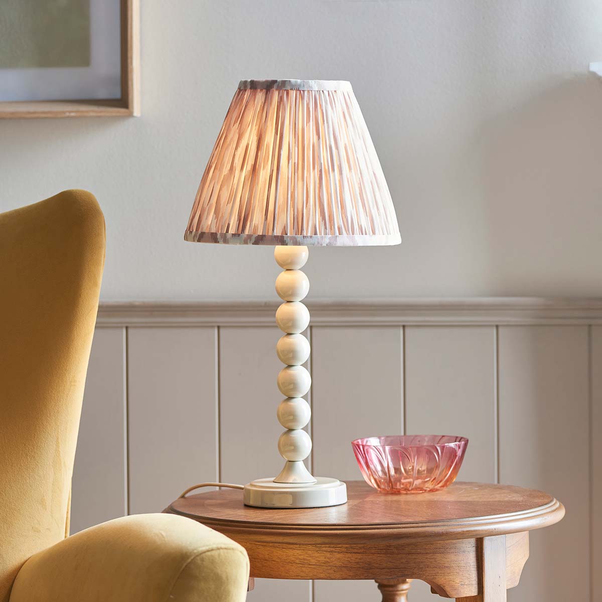 Higgledy Table Lamp in Almond White with Neutral Ikat Shade