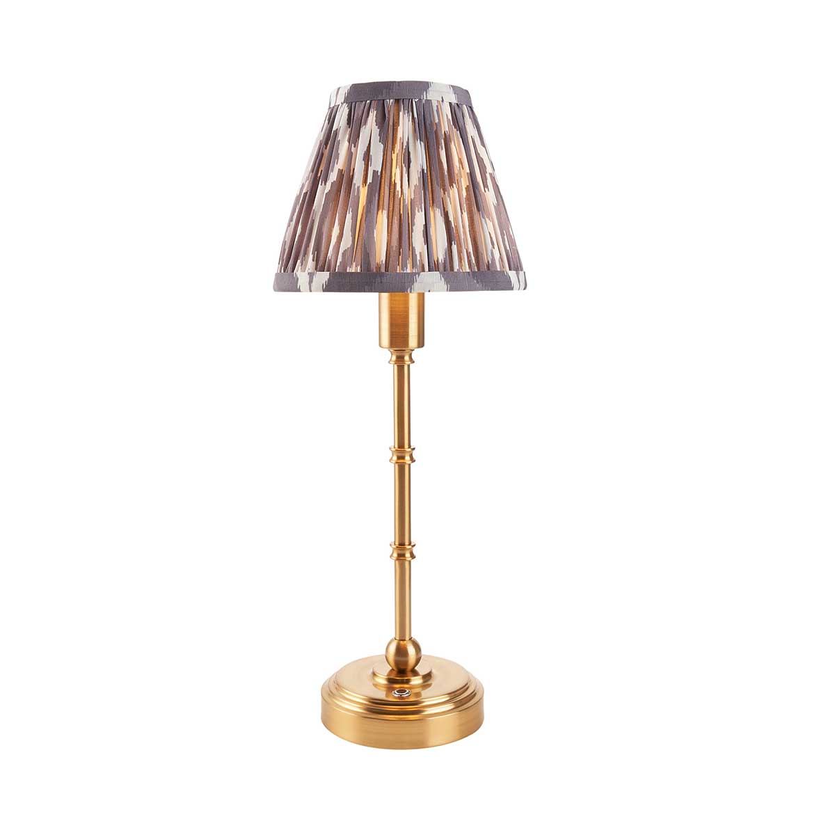 Burley Aged Brass Rechargeable Table Lamp with Grey Ikat Shade