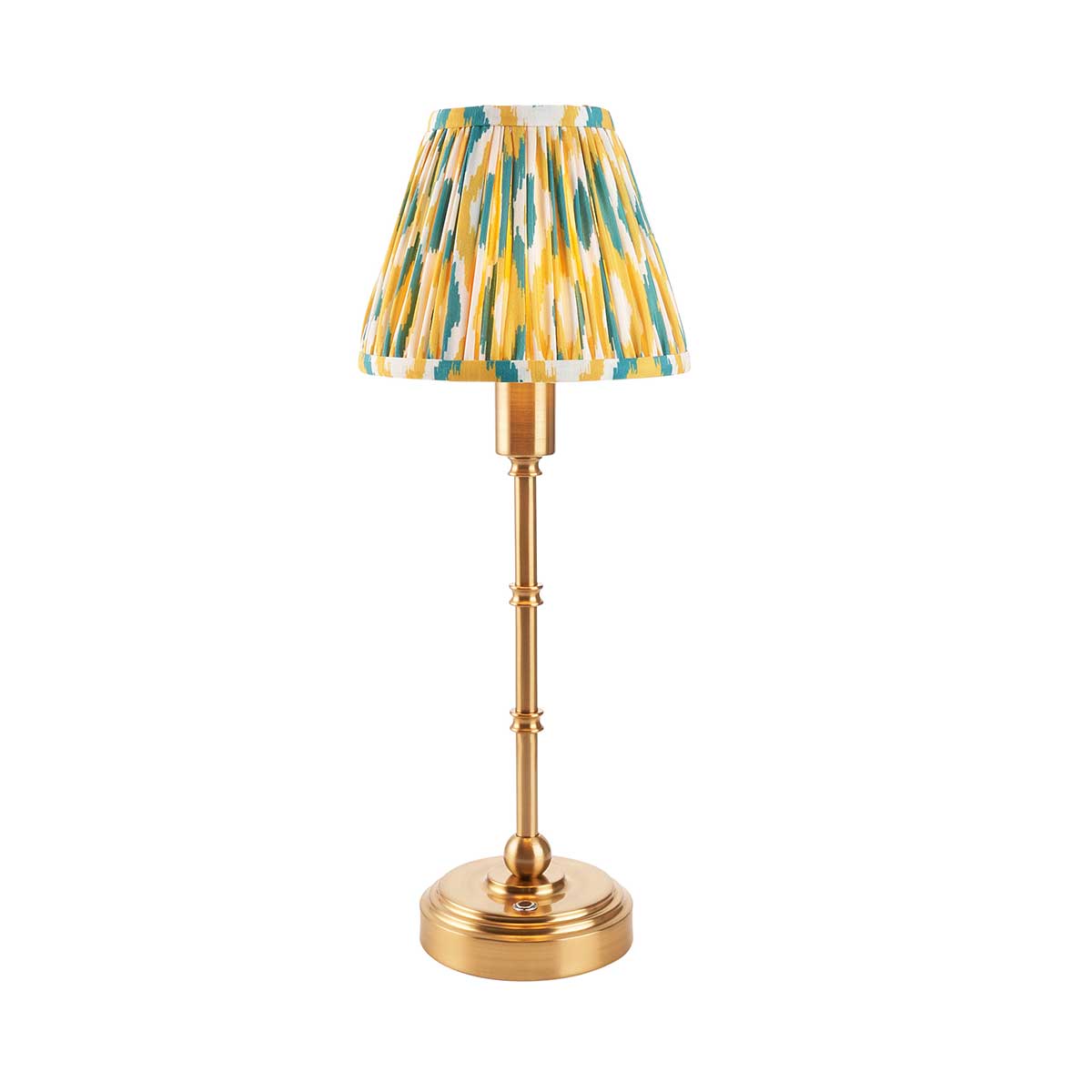 Burley Aged Brass Rechargeable Table Lamp with Yellow Ikat Shade
