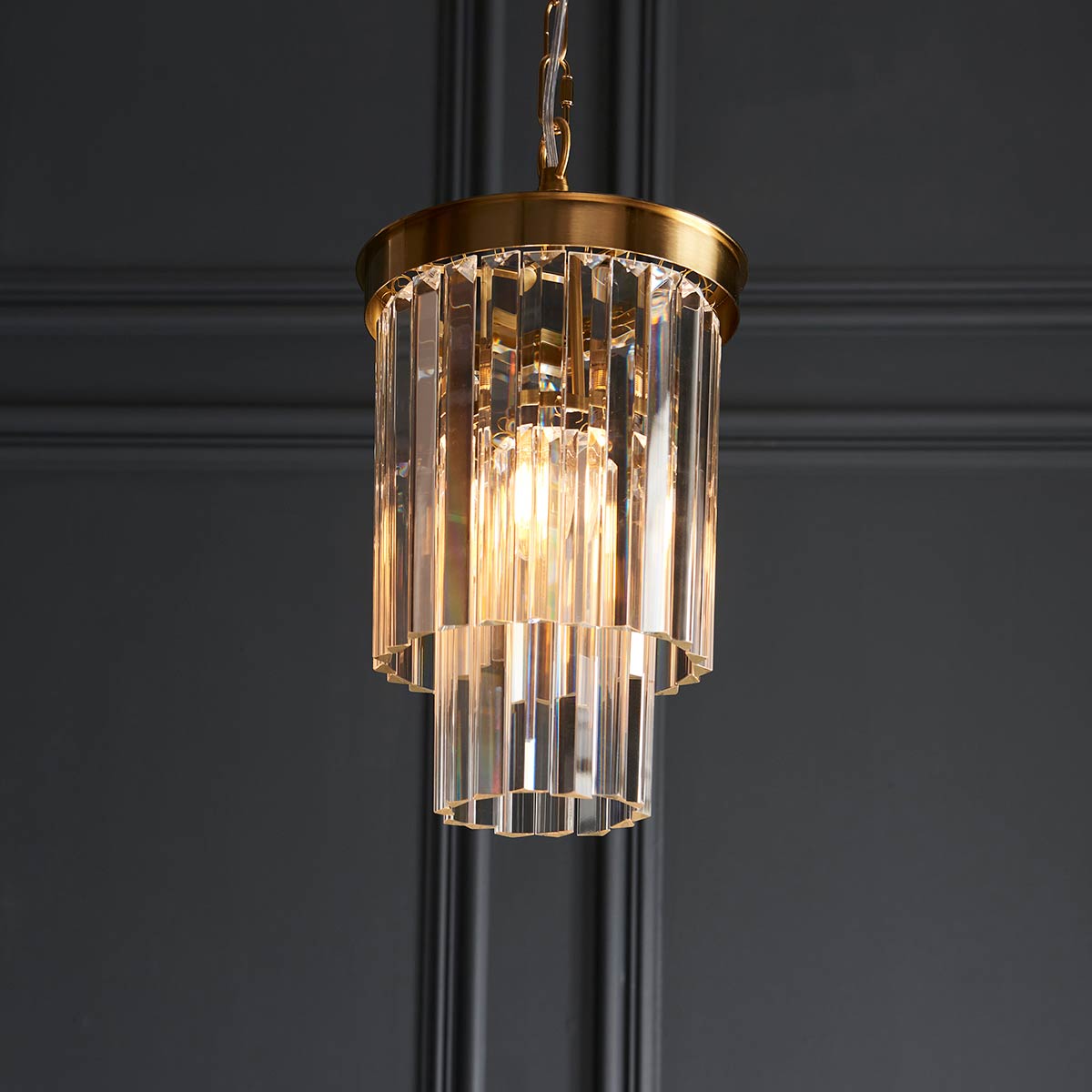 Conaston Single Light Pendant in Aged Brass with Glass Prisms