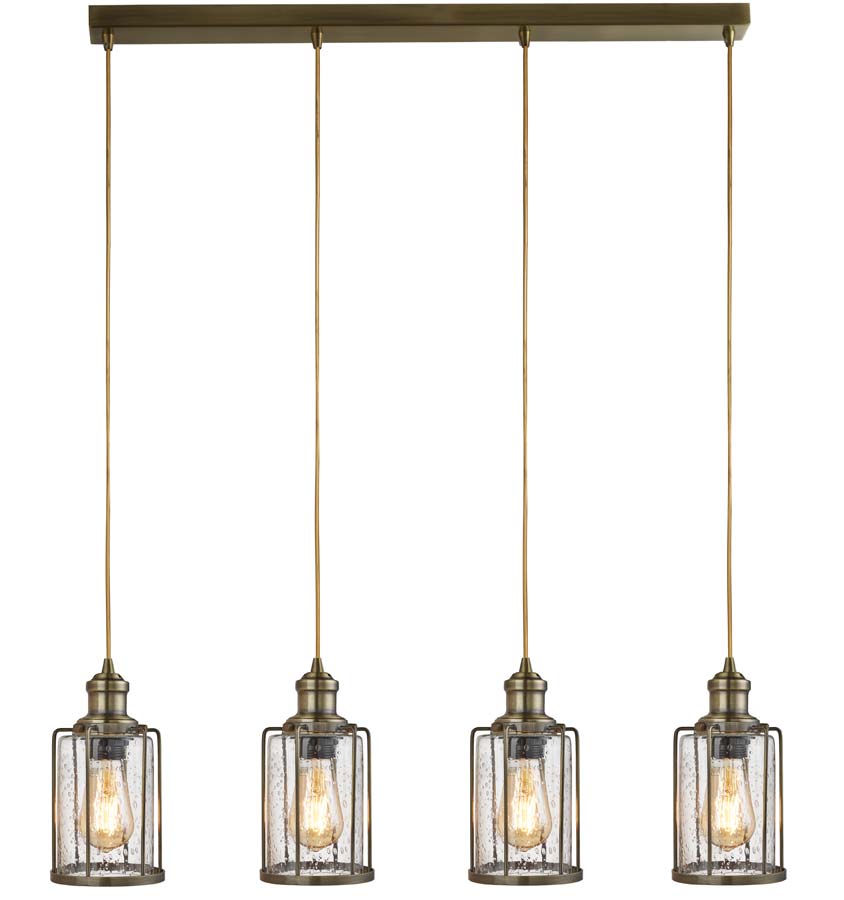 Pipes 4 Light Ceiling Pendant Bar Antique Brass Seeded Glass