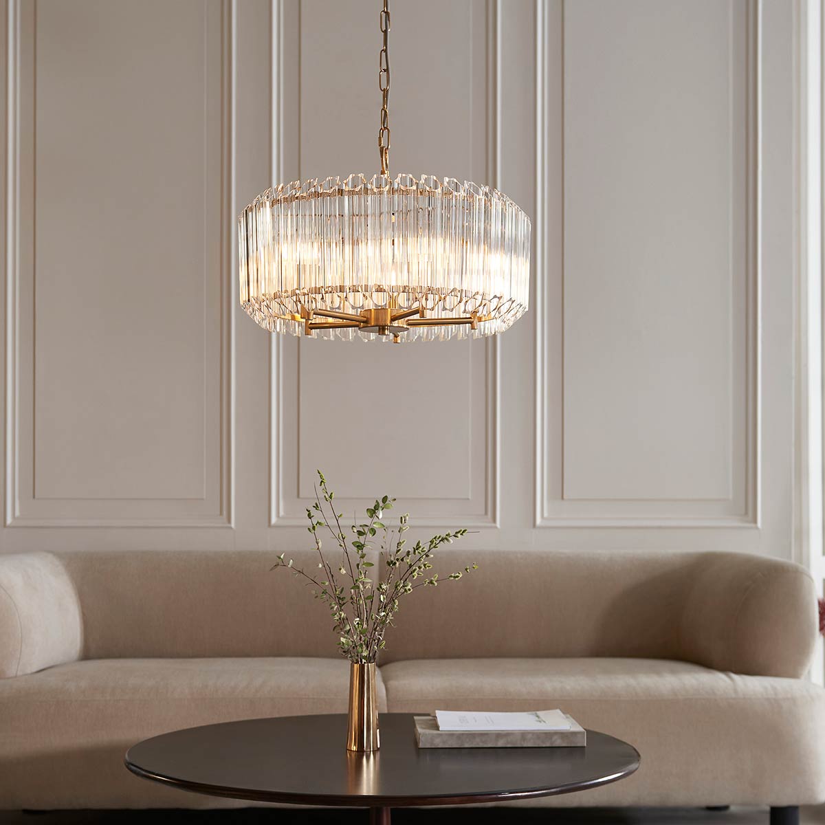 Valentina 5 Light Pendant in Aged Brass with Glass Rods