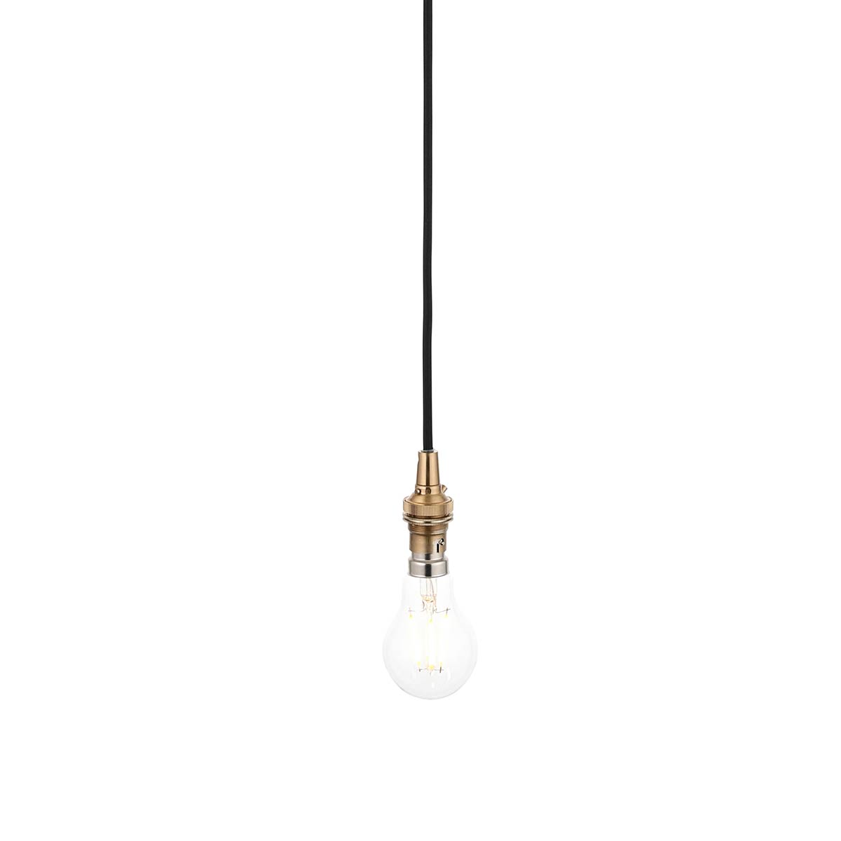 Aged brass pendant light cable set with braided black flex and B22 lamp holder, shown half height with bulb.