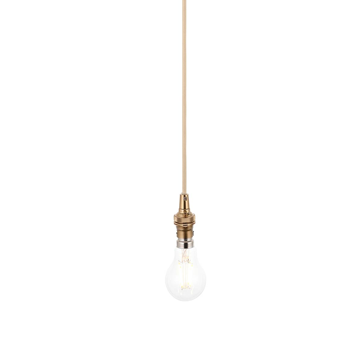Aged brass pendant light cable set with braided natural flex and B22 lamp holder, shown half height with bulb.