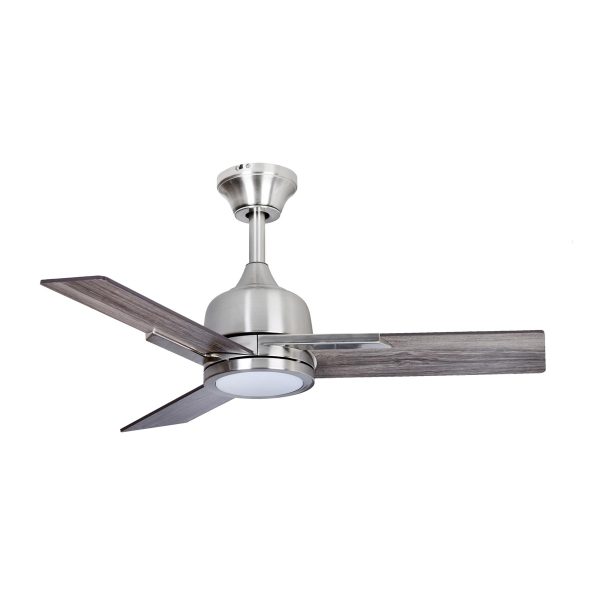 Fantasia Darwin remote control 36" ceiling fan with LED light in satin nickel, shown mounted with drop rod.
