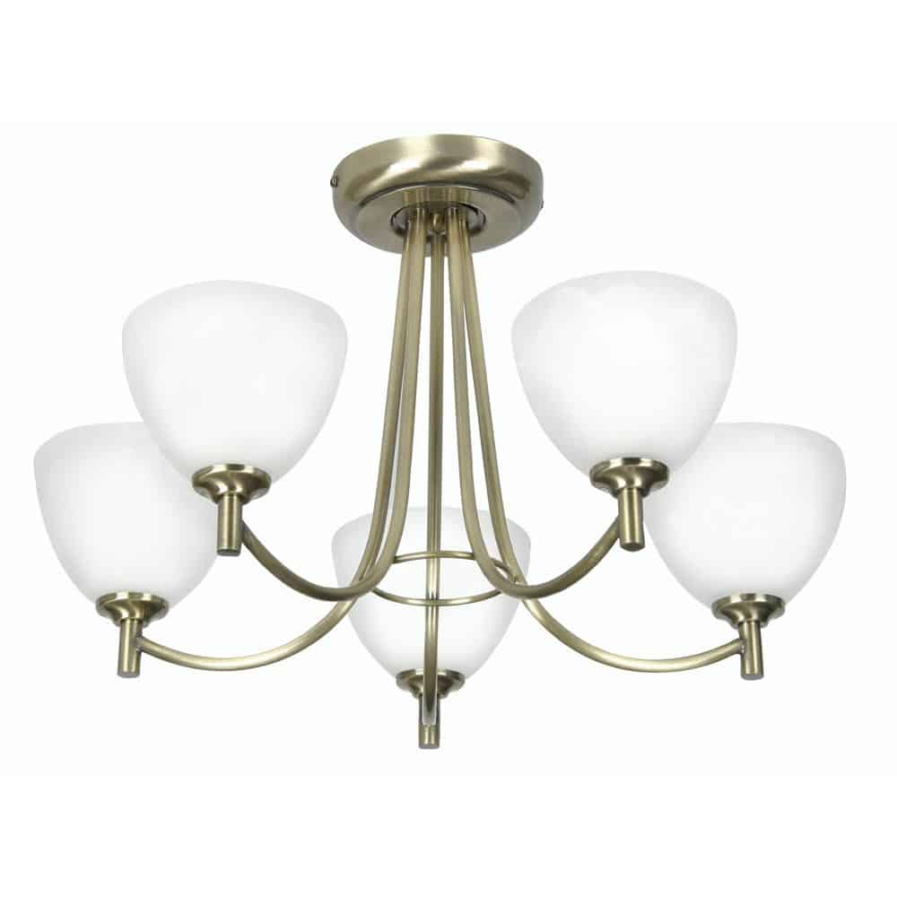 Hamburg 5 Arm Semi Flush Low Ceiling Light Antique Brass