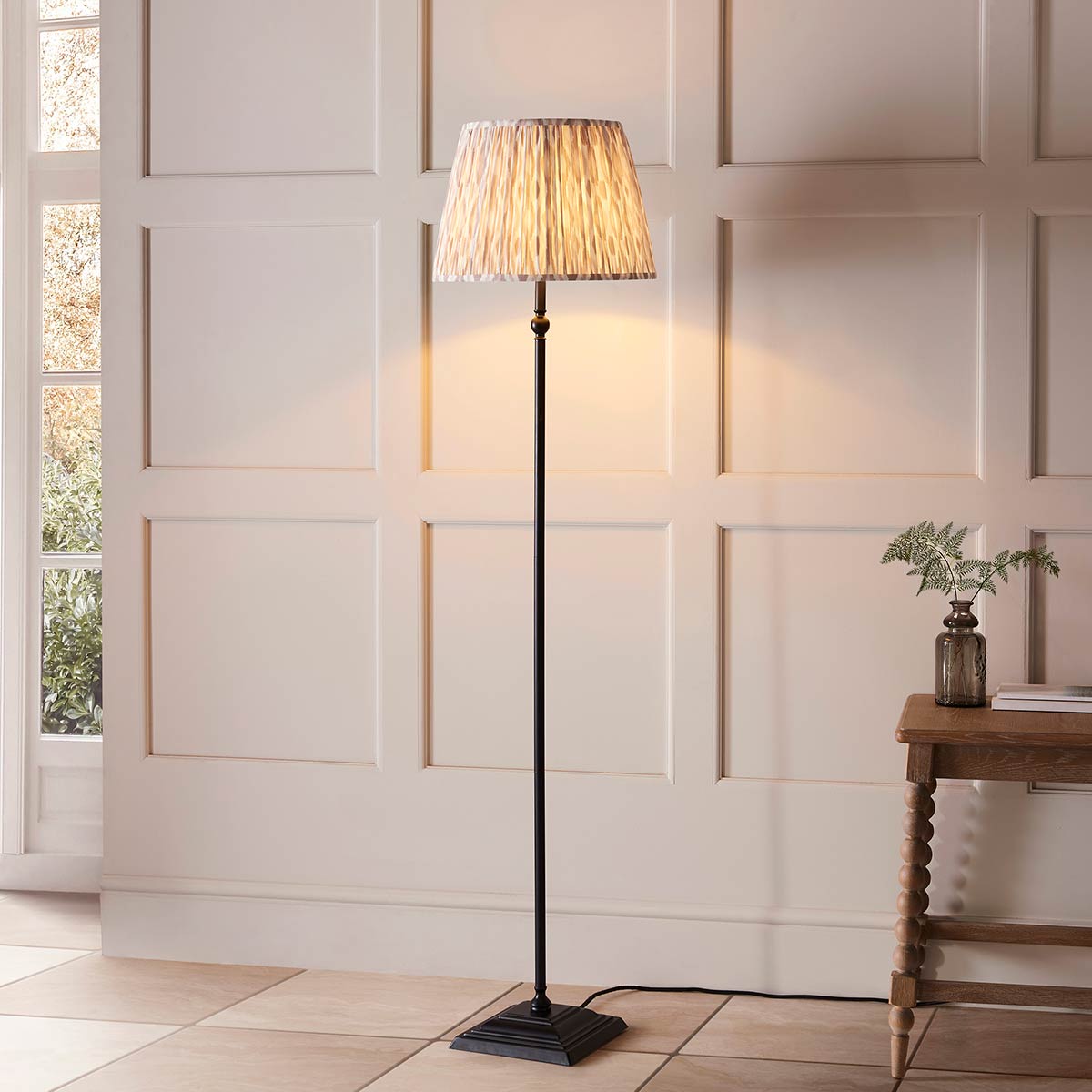 Lille Matt Black Candlestick Floor Lamp with Natural Ikat Shade