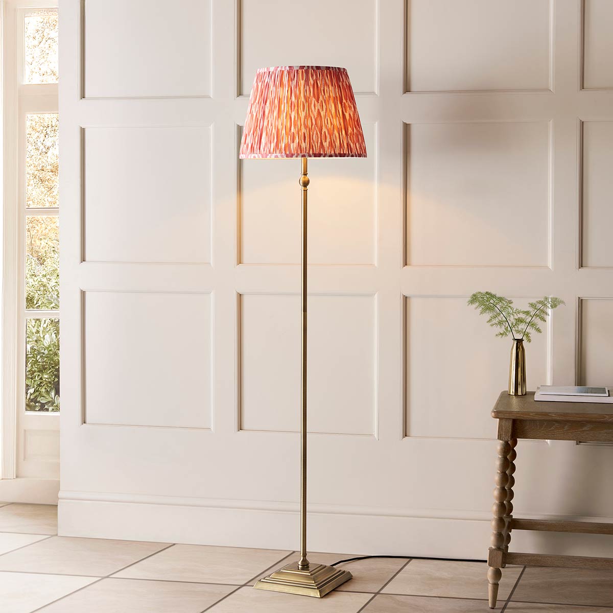 Lille Antique Brass Candlestick Floor Lamp with Pink Ikat Shade