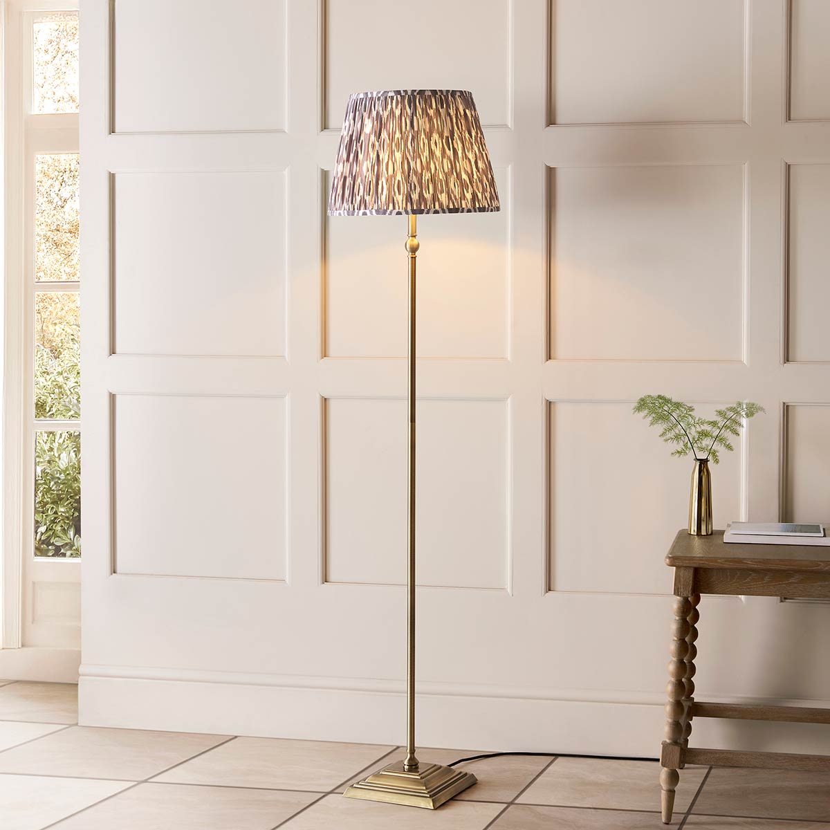 Lille Antique Brass Candlestick Floor Lamp with Grey Ikat Shade