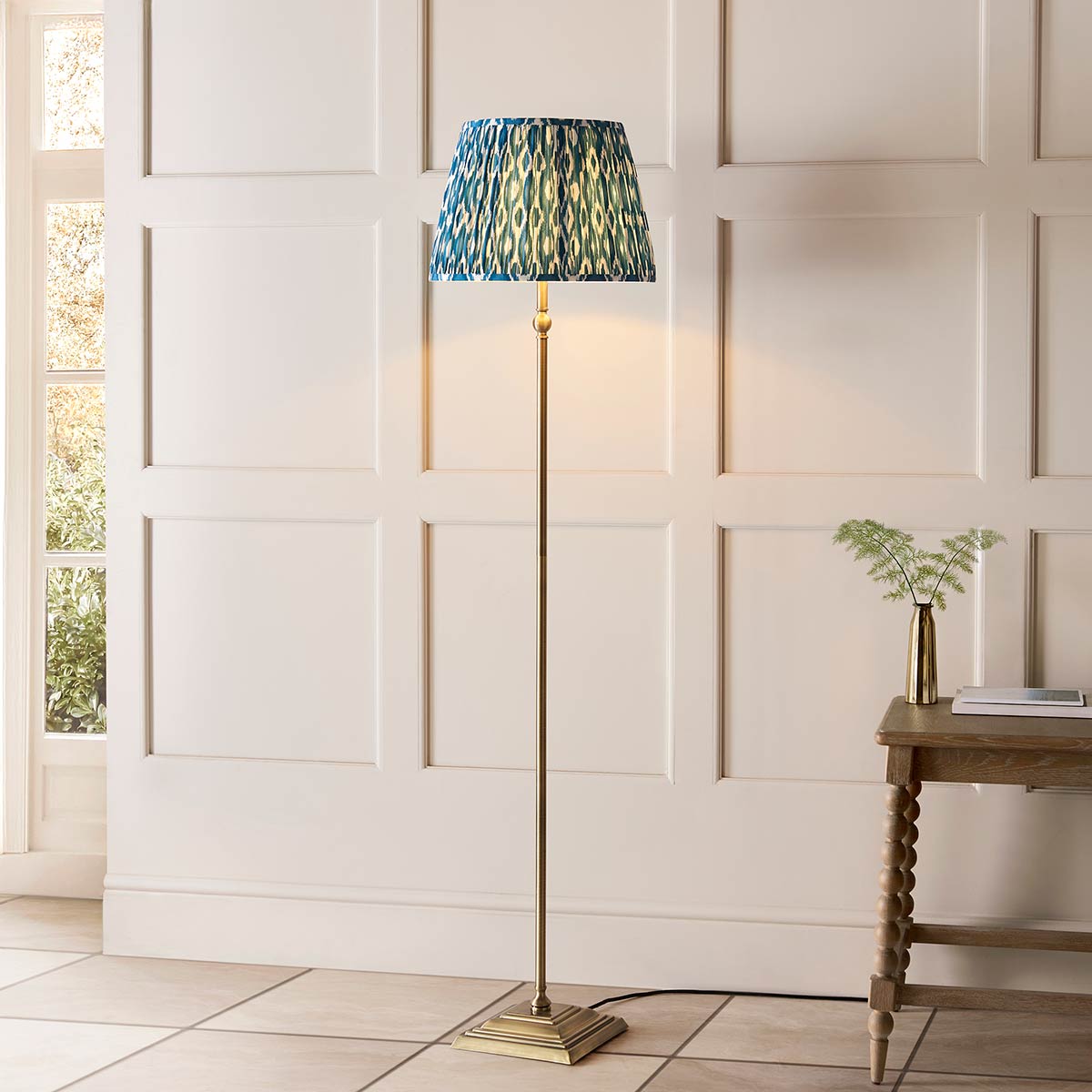 Lille Antique Brass Candlestick Floor Lamp with Blue Ikat Shade