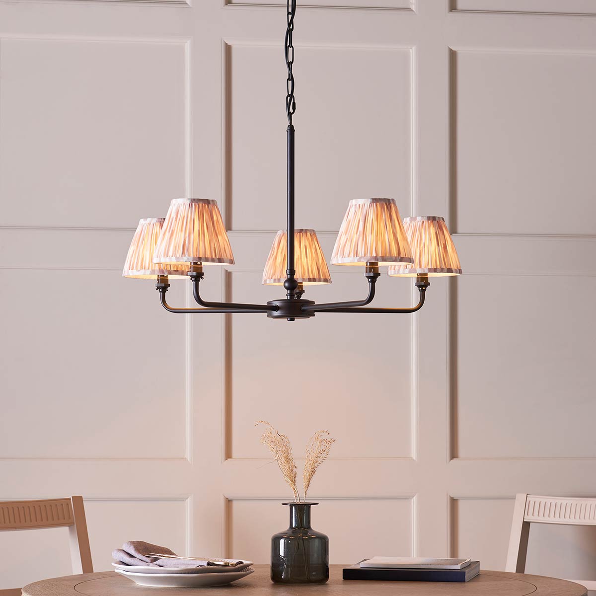 Lille 5 Light Matt Black Chandelier with Natural Ikat Shades