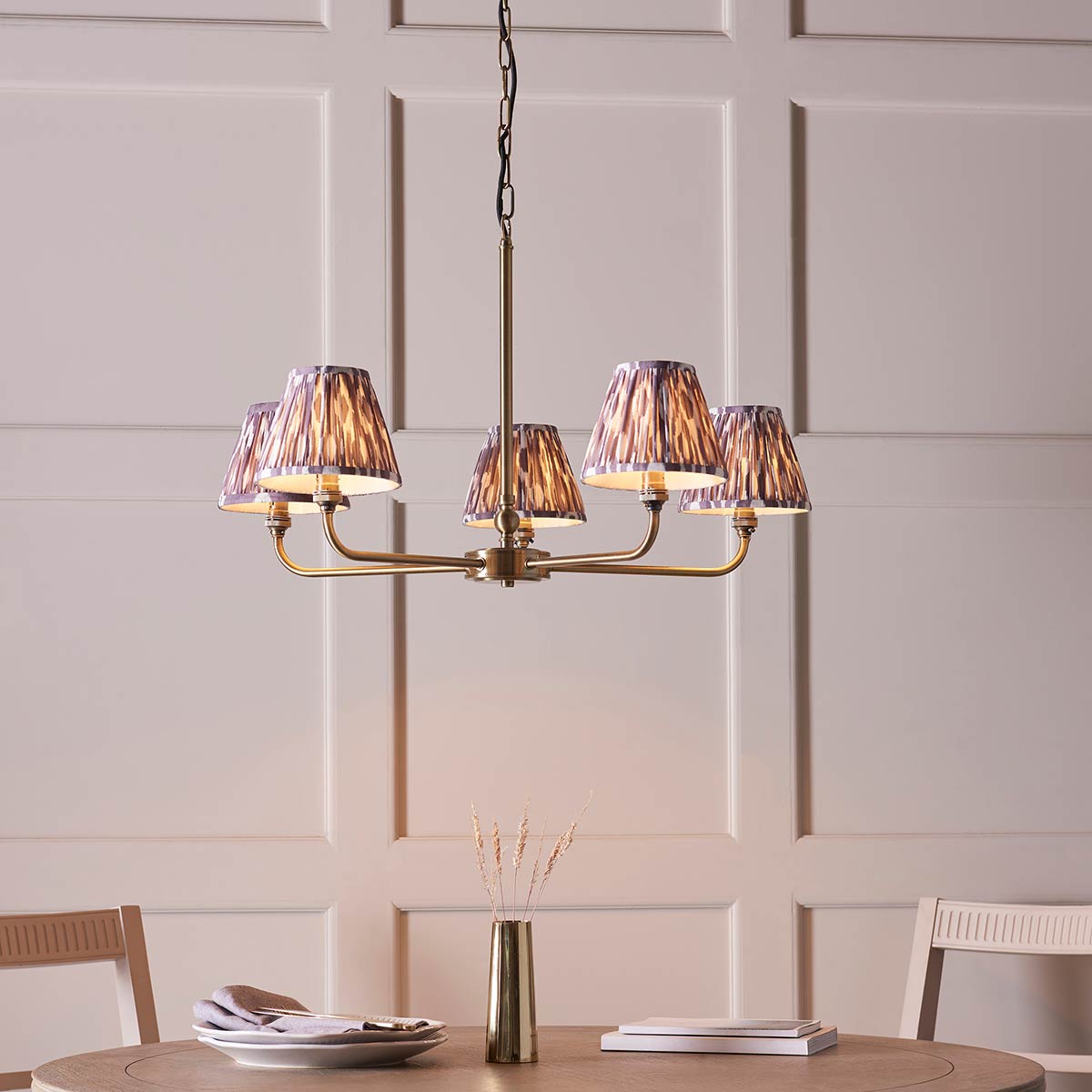 Lille 5 Light Antique Brass Chandelier with Grey Ikat Shades