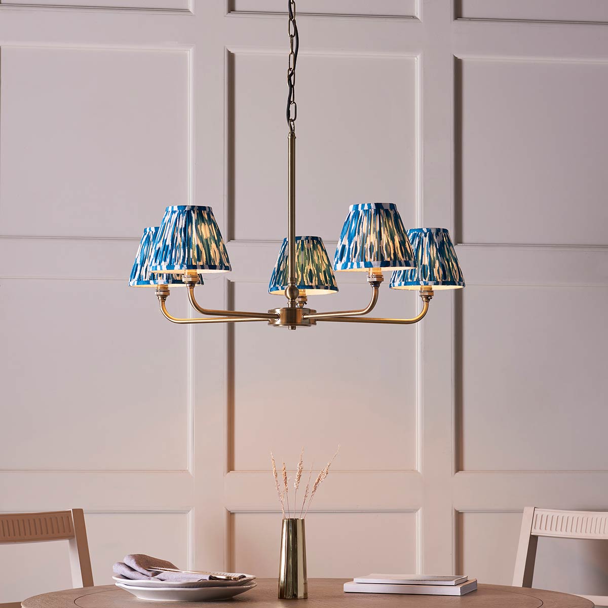 Lille 5 Light Antique Brass Chandelier with Blue Ikat Shades