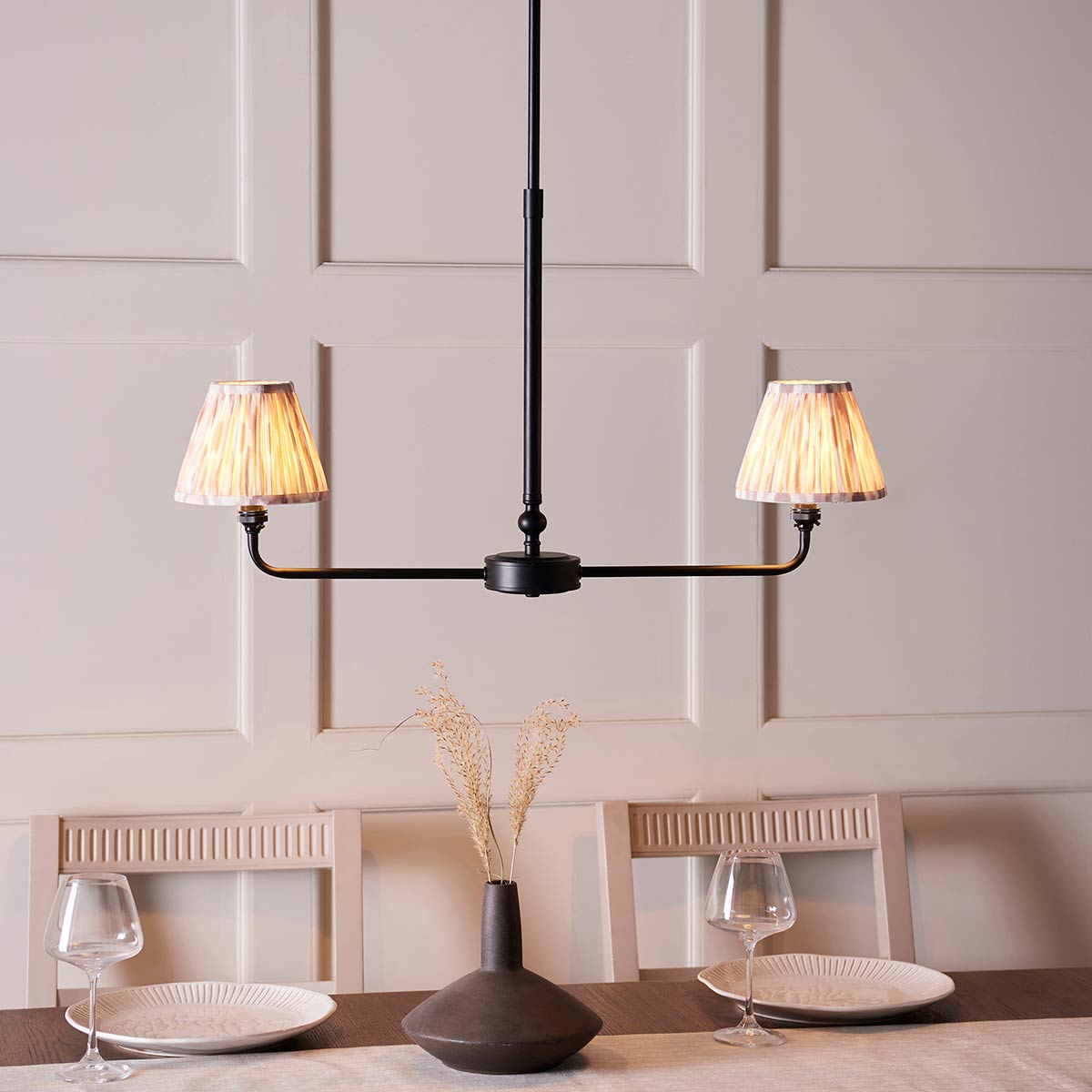 Lille 2 Light Matt Black Pendant with Natural Ikat Shades