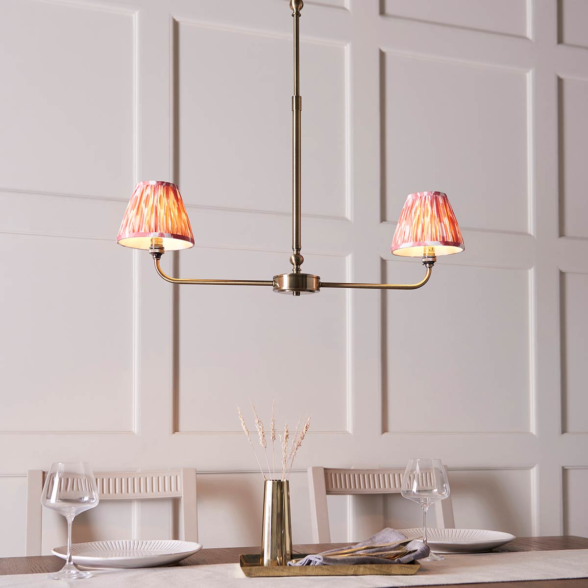 Lille 2 Light Antique Brass Pendant with Pink Ikat Shades