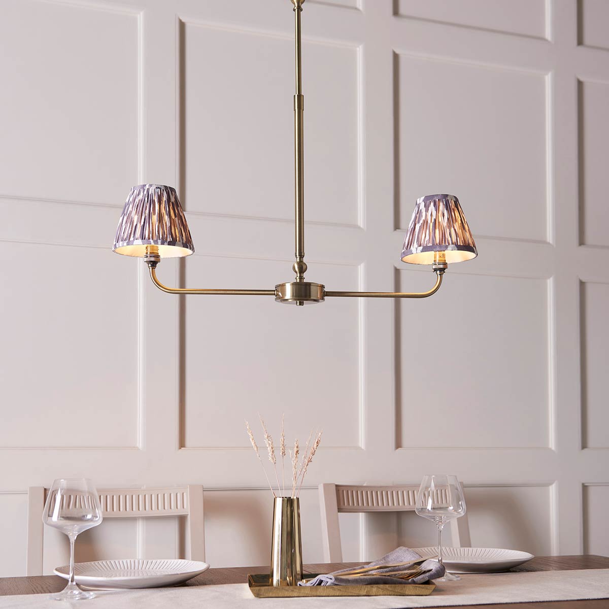 Lille 2 Light Antique Brass Pendant with Grey Ikat Shades