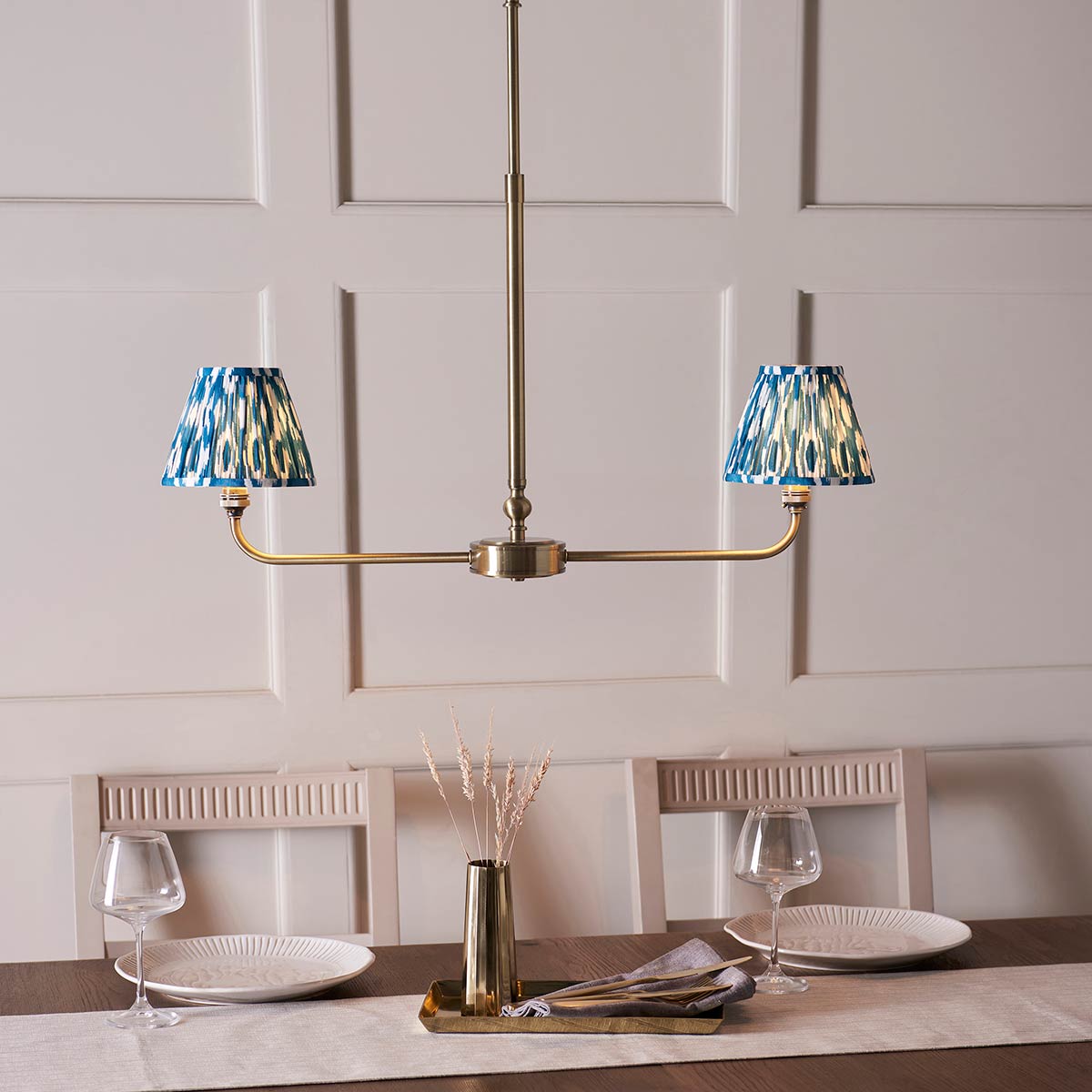 Lille 2 Light Antique Brass Pendant with Blue Ikat Shades