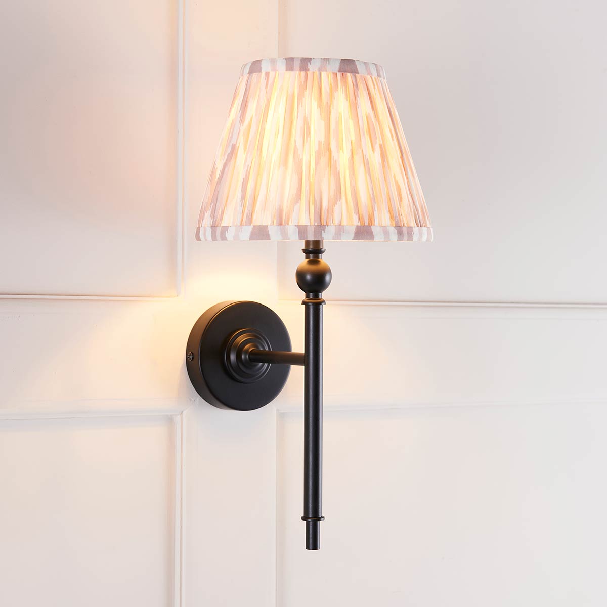 Lille Single Matt Black Wall Light with Natural Ikat Shade