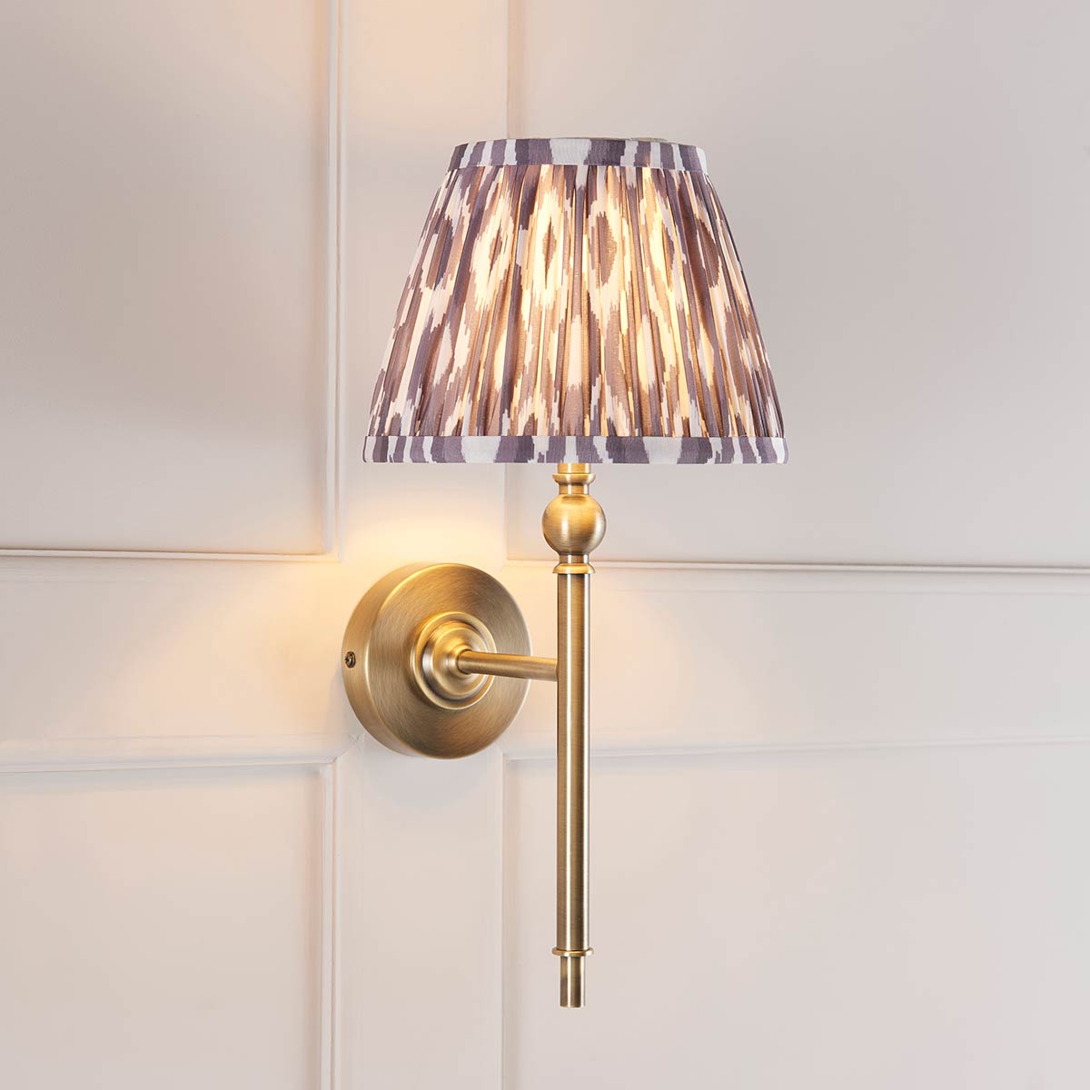 Lille Single Antique Brass Wall Light with Grey Ikat Shade