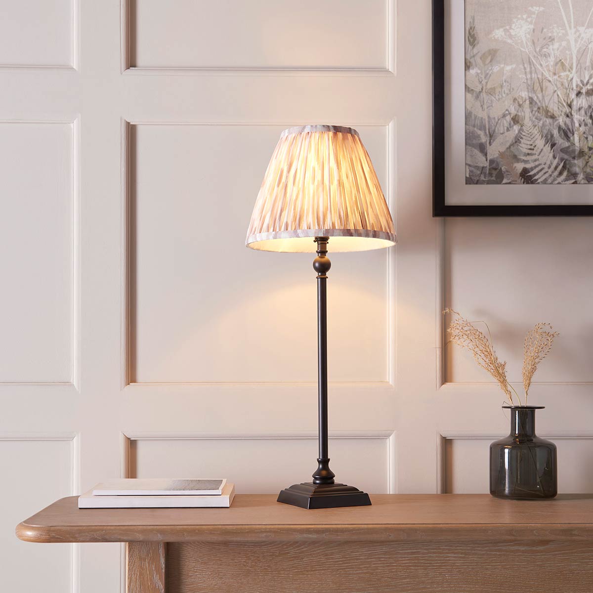 Lille Matt Black Candlestick Table Lamp with Natural Ikat Shade