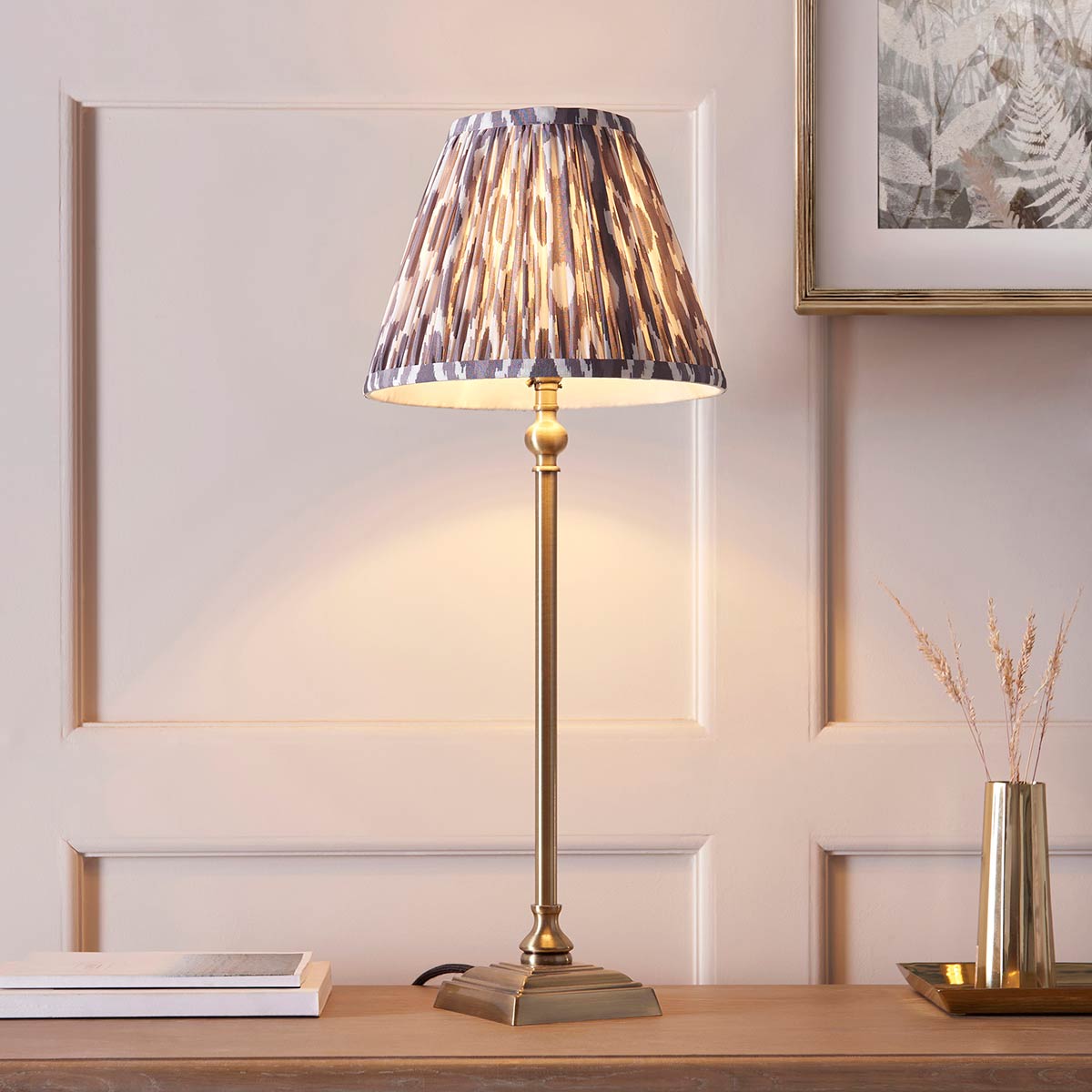 Lille Antique Brass Candlestick Table Lamp with Grey Ikat Shade