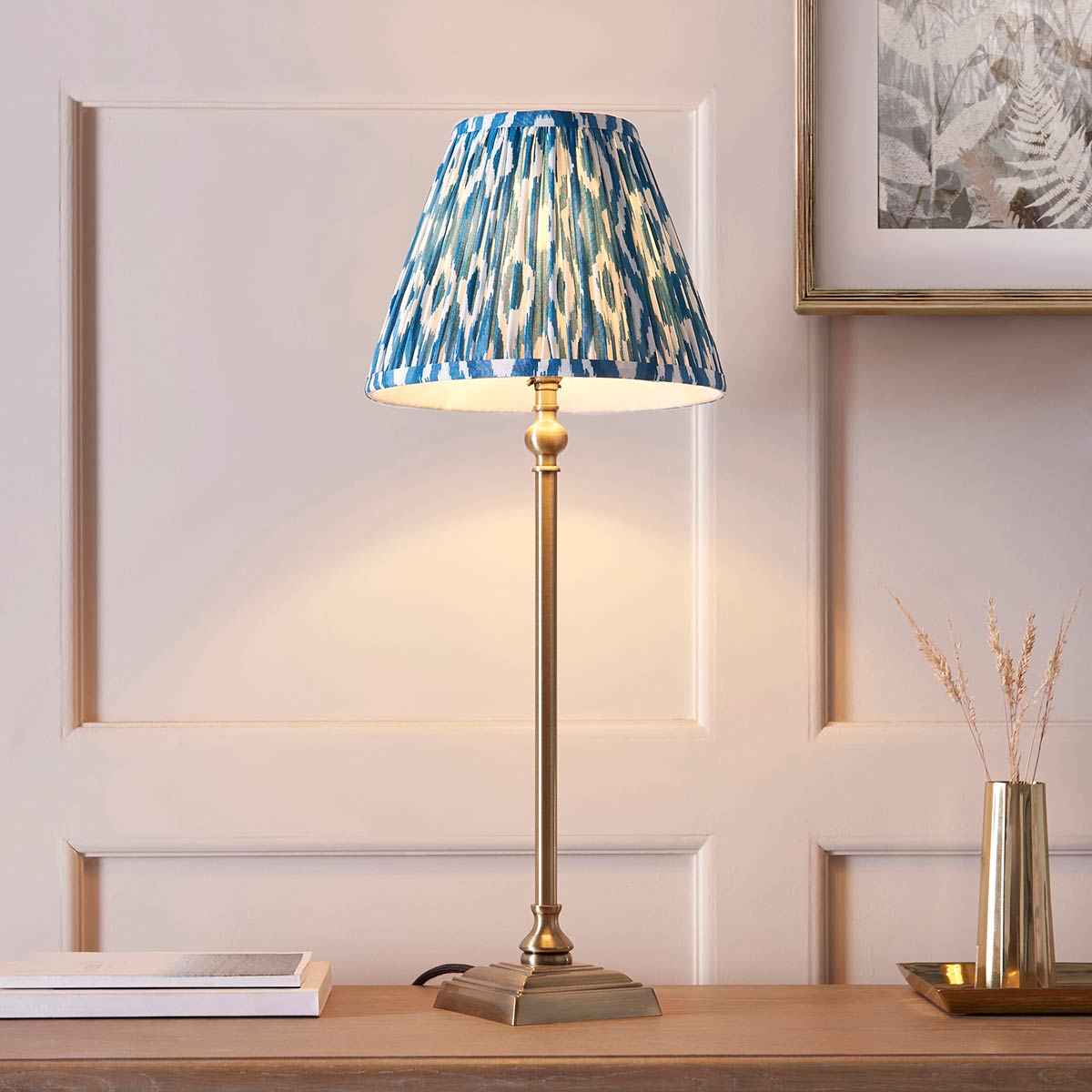 Lille Antique Brass Candlestick Table Lamp with Blue Ikat Shade