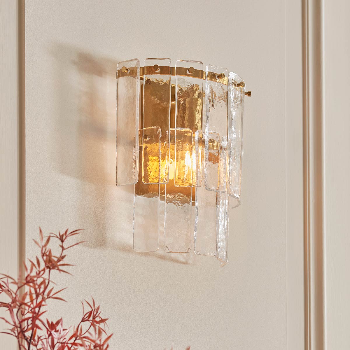 Karine Wall Light in Aged Brass with Textured Glass