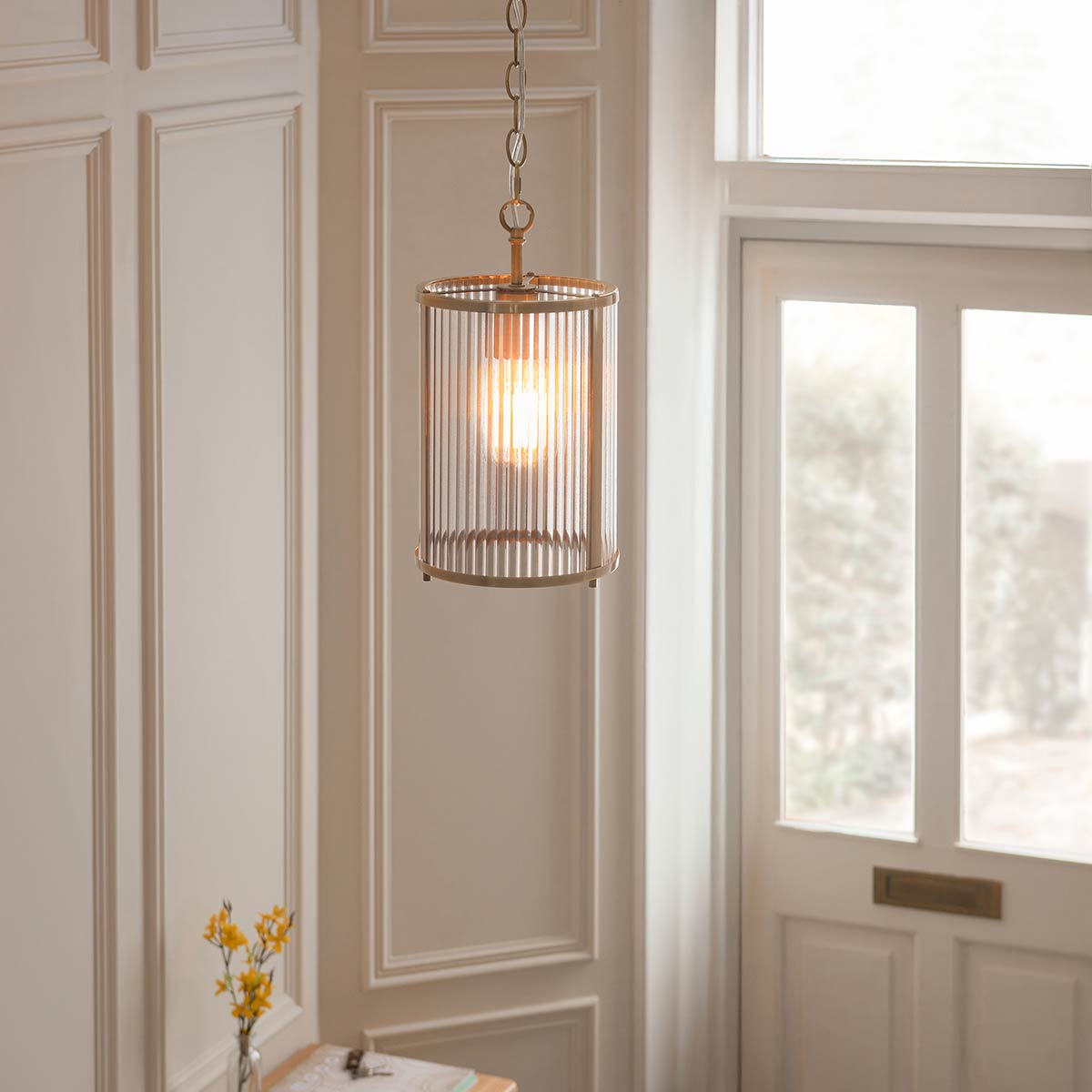Ridgeton 1 Light Pendant Antique Brass Ribbed Glass