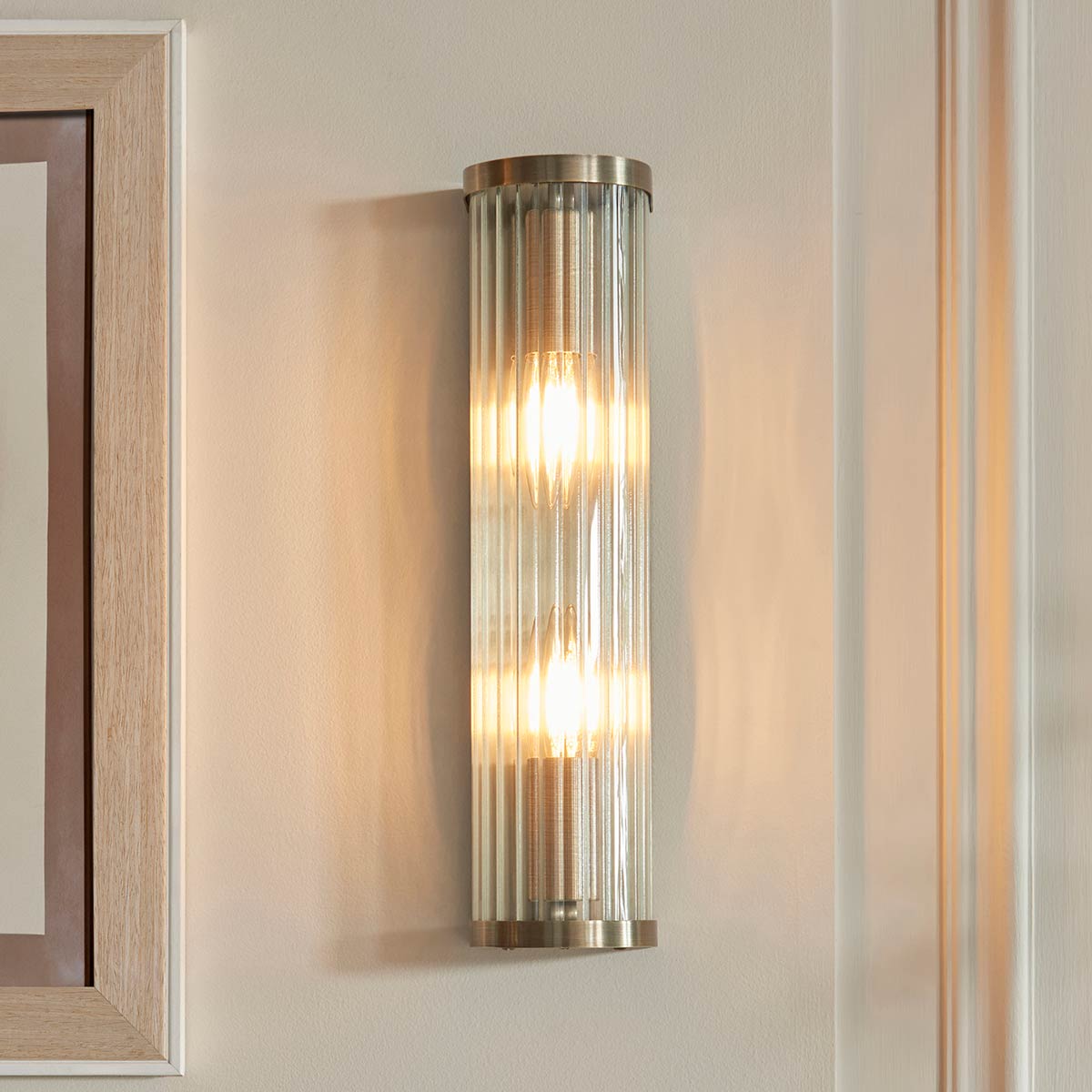 Ridgeton 2 Light Wall Light Antique Brass Ribbed Glass