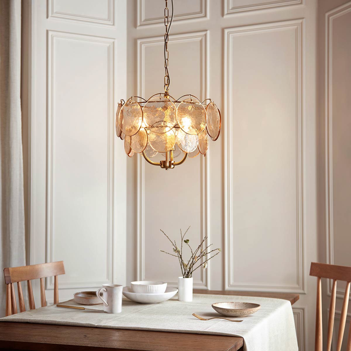Aged Brass 3 Light Pendant with Handmade Champagne Glass