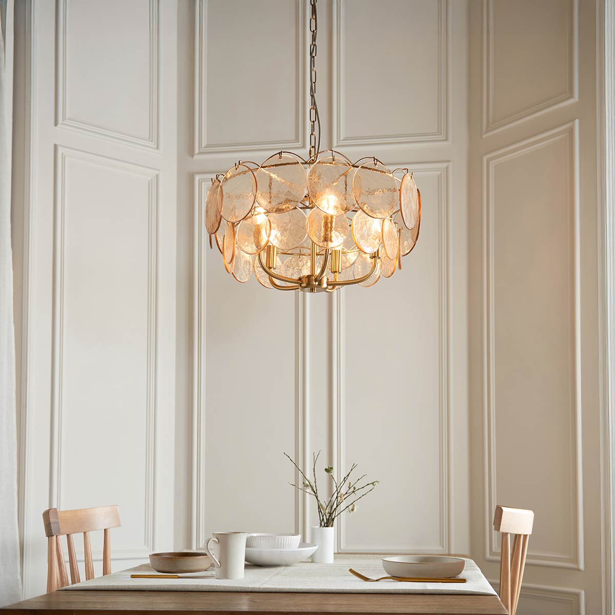 Aged Brass 5 Light Pendant with Handmade Champagne Glass