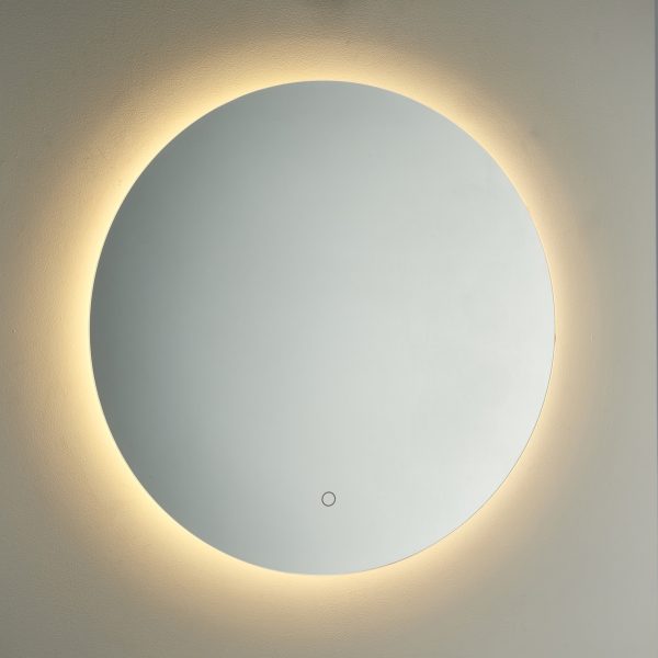 Espello round illuminated bathroom mirror with dimmable CCT LED, lit in warm white.