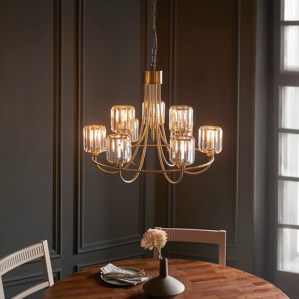Berenice 9 Light Chandelier in Antique Brass with Faceted Glass