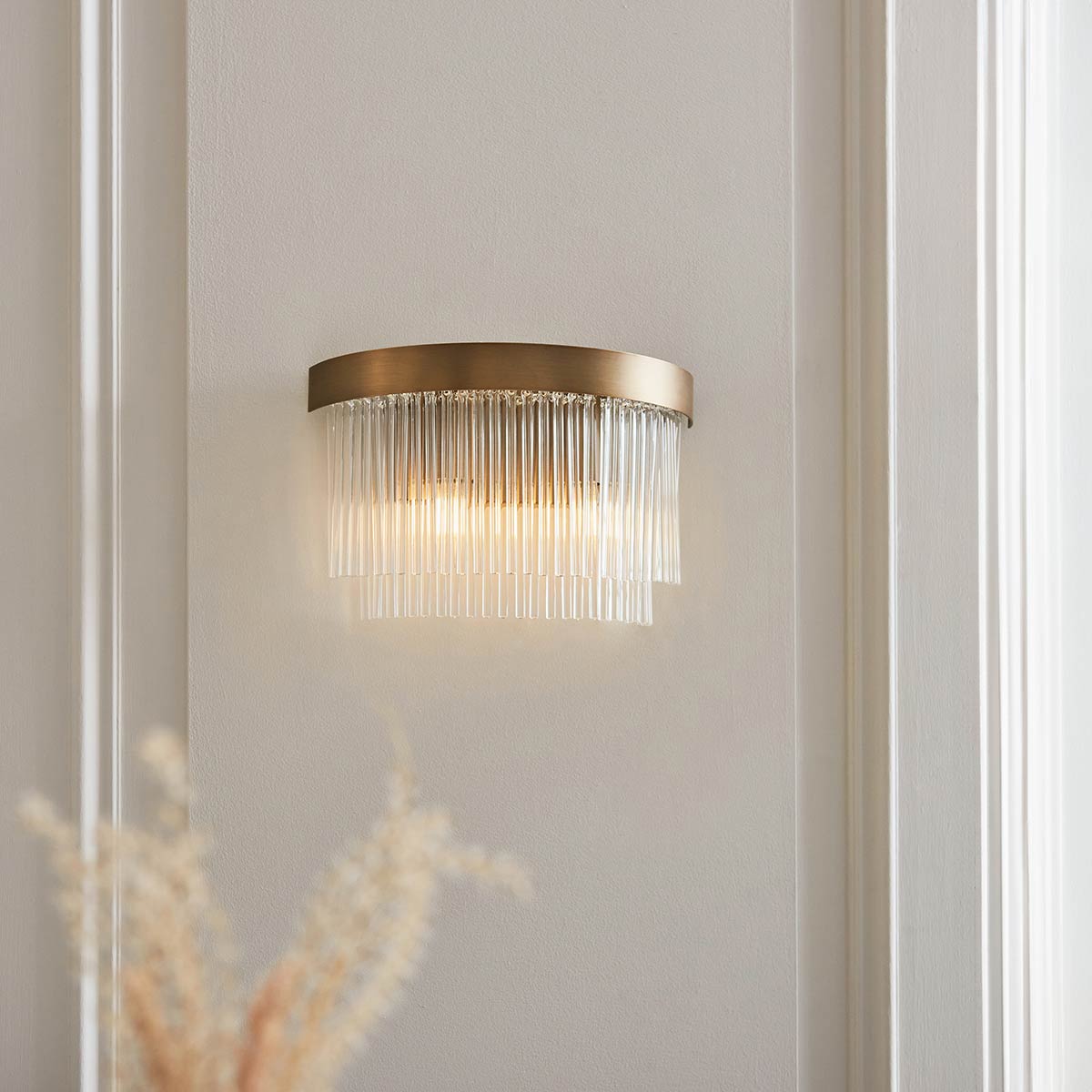 Clermont 2 Light Wall Light in Antique Brass with Clear Glass Rods
