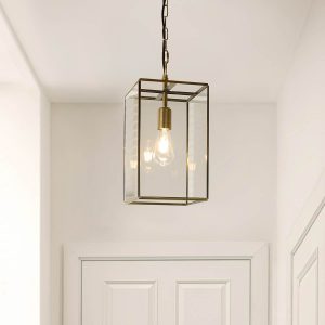 Endon Hammond Grand hanging box lantern in antique brass with clear glass panels, shown in small hallway.