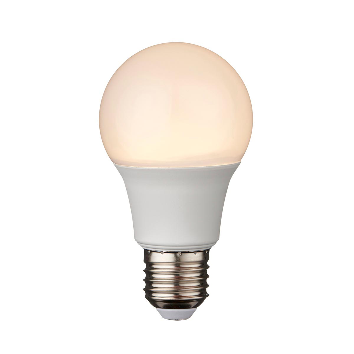 Non-dimmable 8W GLS E27 LED light bulb in warm white, lit on white background.