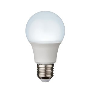 Non-dimmable 8W GLS E27 LED light bulb in daylight white, on white background.