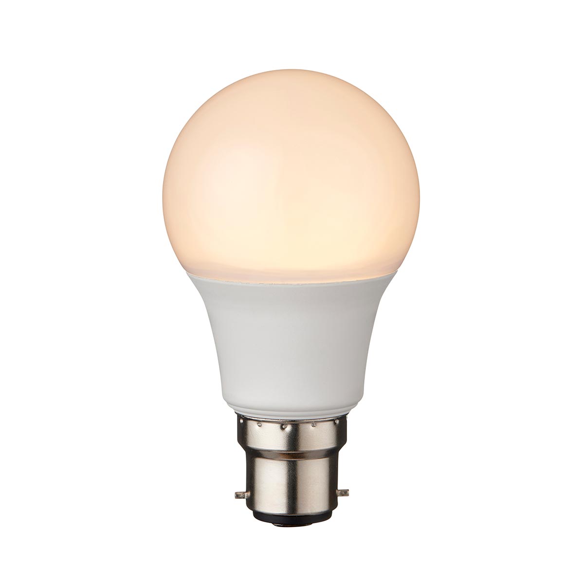 Non-dimmable 8W GLS B22 LED light bulb in warm white, lit on white background.
