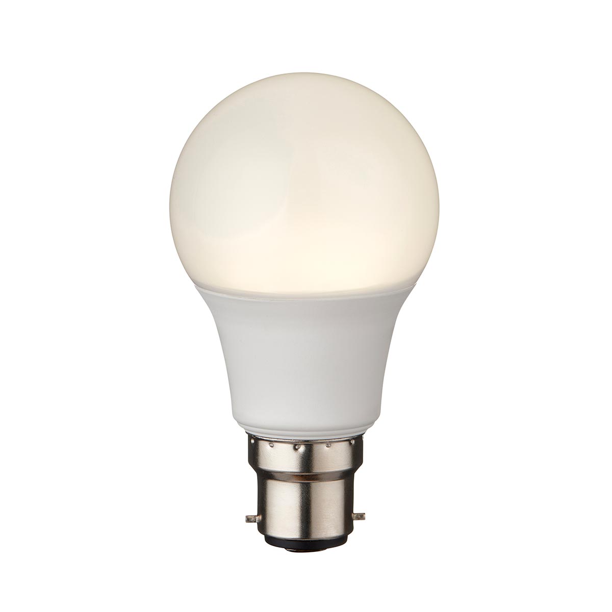 Non-dimmable 8W GLS B22 LED light bulb in cool white, lit on white background.