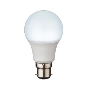 Non-dimmable 8W GLS B22 LED light bulb in daylight white, on white background, lit.