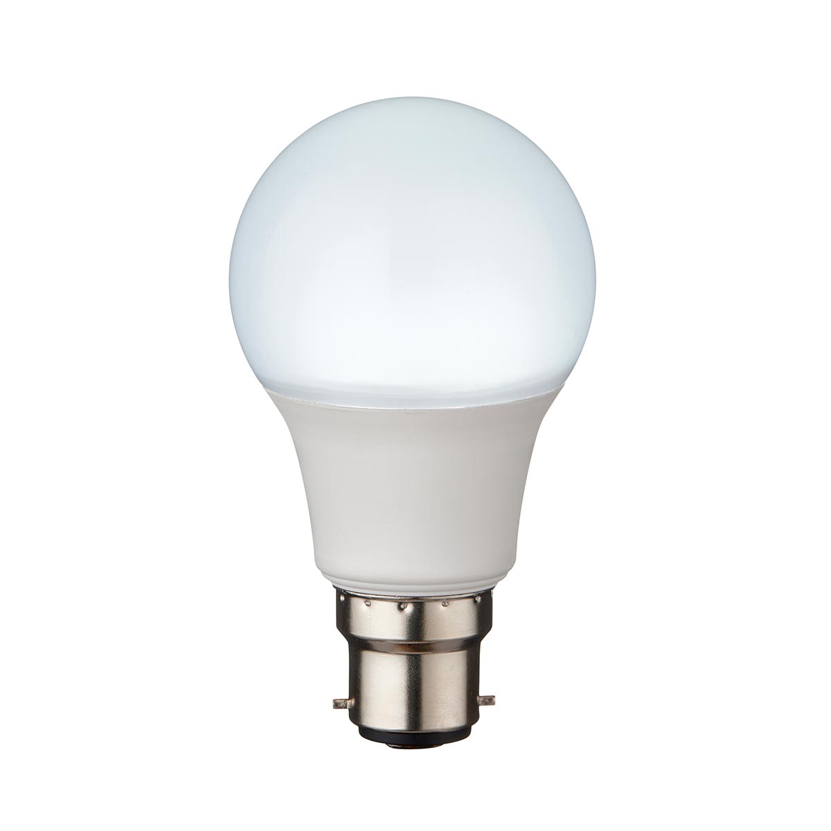 Non-dimmable 8W GLS B22 LED light bulb in daylight white, on white background, lit.