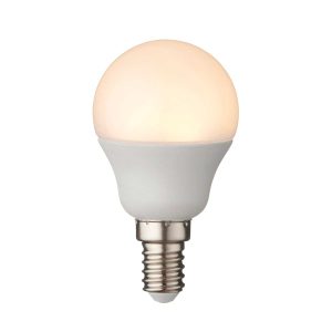 E14 LED golf ball light bulb in warm white with 470 lumens output, lit.