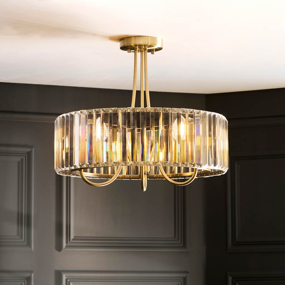 Visconti 3 Light Semi Flush in Antique brass with Cut Glass
