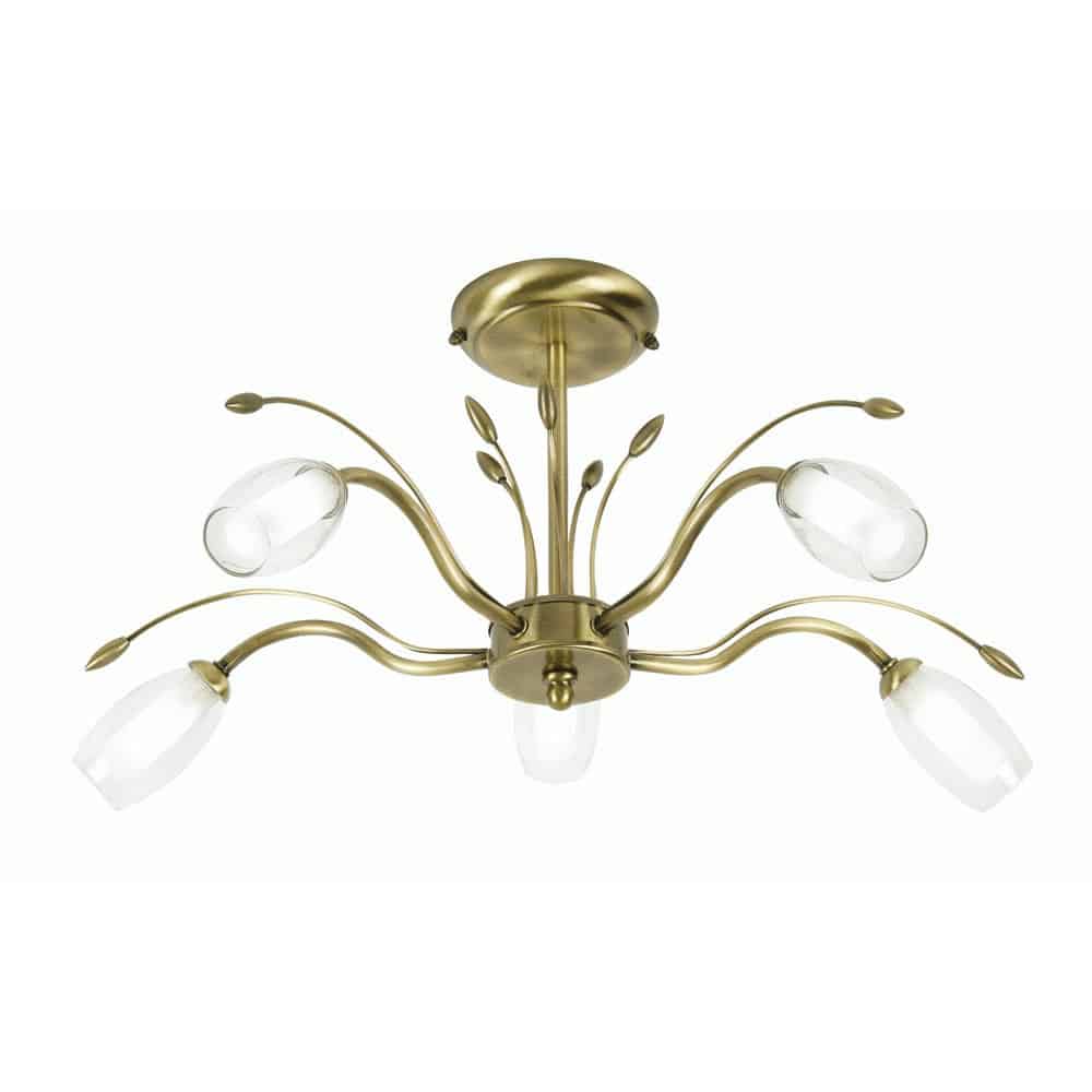 Pandora 5 Lamp Semi Flush Low Ceiling Light Antique Brass