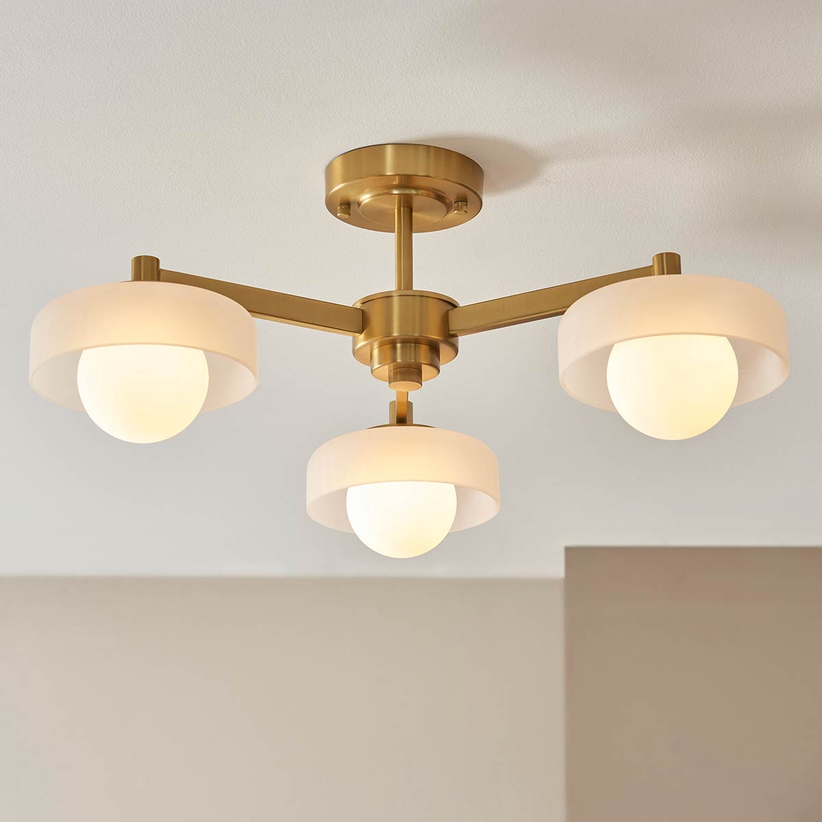 Boss 3 Light Semi Flush in Aged brass with Frosted Opal Glass