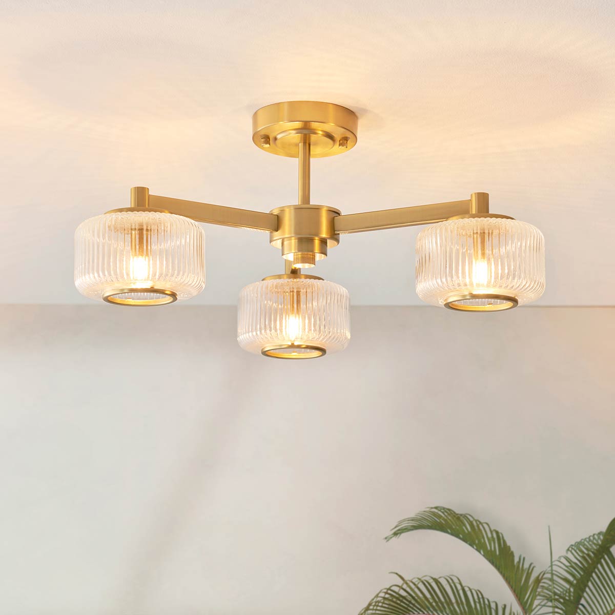 Stamford 3 Light Semi Flush in Aged Brass with Ribbed Glass