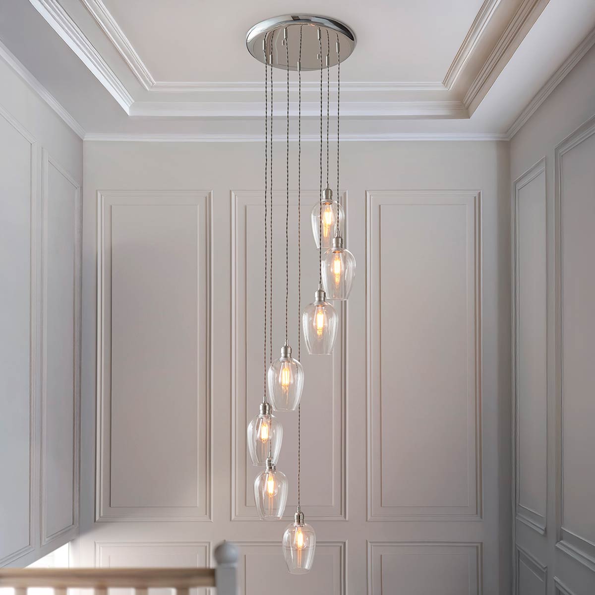 7 Light Stairwell Pendant in Polished Nickel with Clear Glass