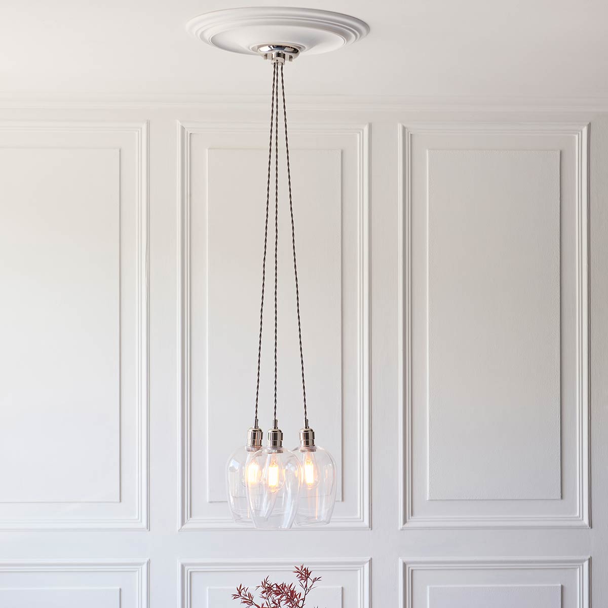 3 Light Cluster Pendant in Polished Nickel with Clear Glass