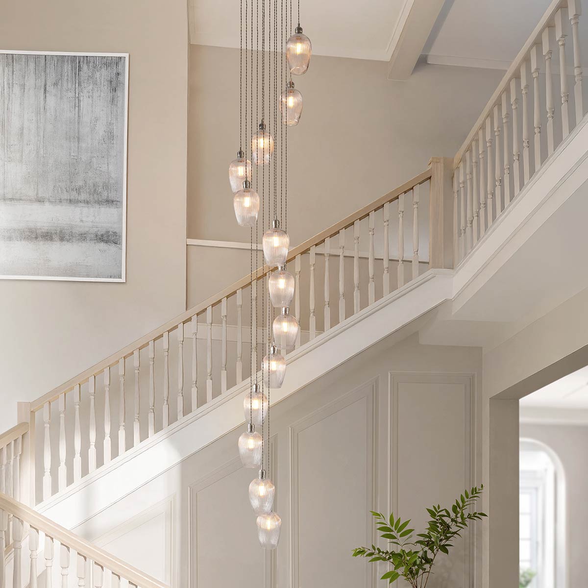 13 Light Stairwell Pendant in Polished Nickel with Ribbed Glass