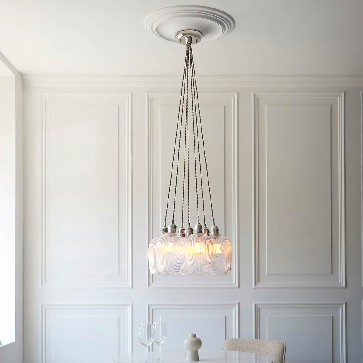 7 Light Cluster Pendant in Polished Nickel with Ribbed Glass